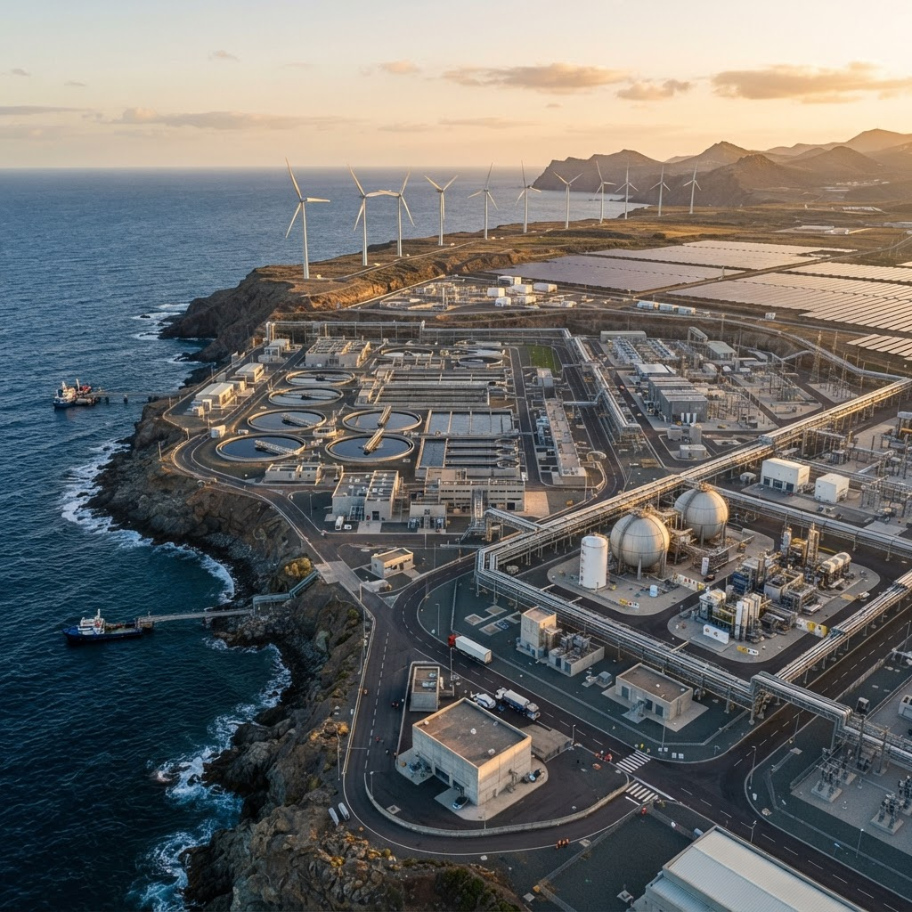 Aerial view of an integrated coastal infrastructure complex with water treatment, hydrogen, renewable energy, and concrete structures